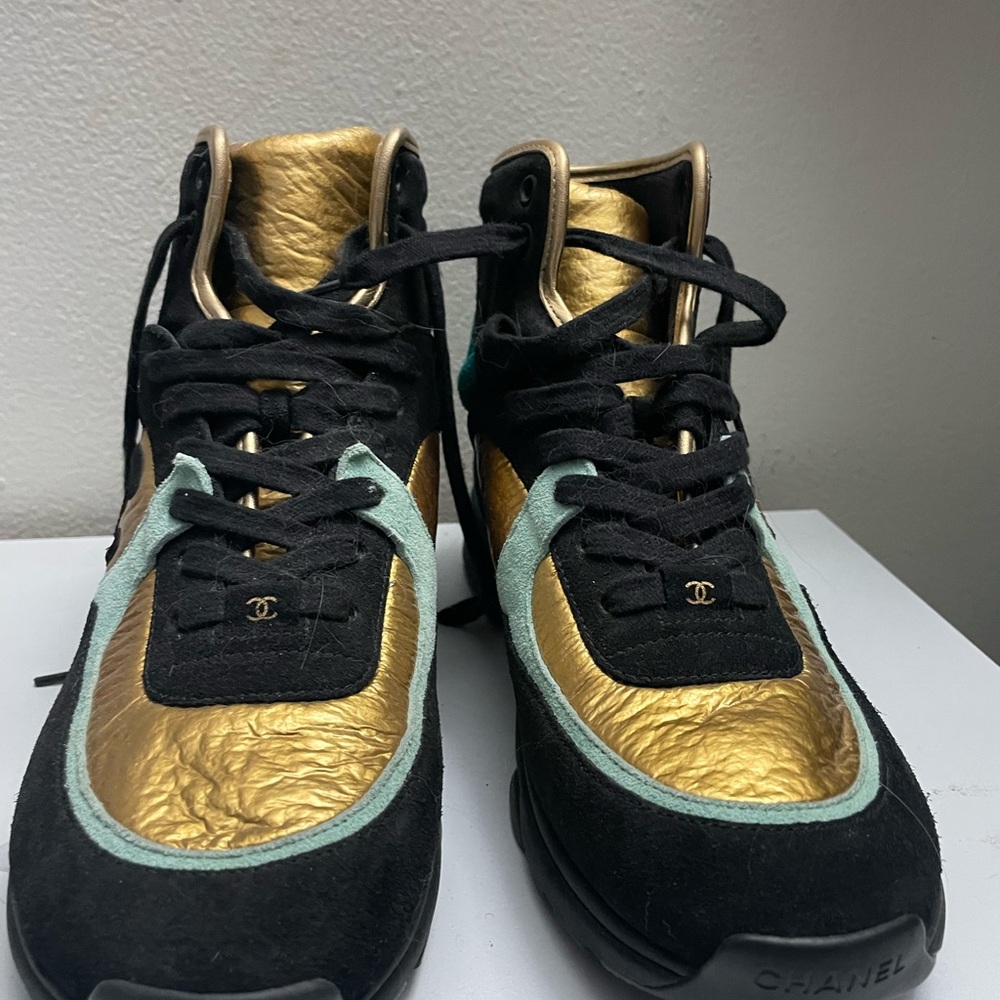 CHANEL Black and Gold Sneakers with Mint Accents